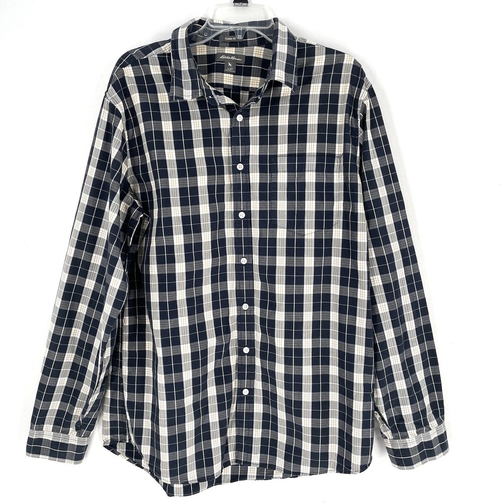 Eddie Bauer Plaid Shirt Size Large Tall Blue White Beige Check Button Down